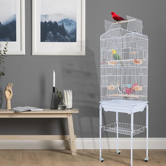 Birdcages, 64 in Play Open Top Indoor/Outdoor Iron Large Bird Cage, Floor-Standing with Casters Detachable Rolling Stand Parrot Cage for Parrots Conures Lovebird Cockatiel Parakeets (White)
