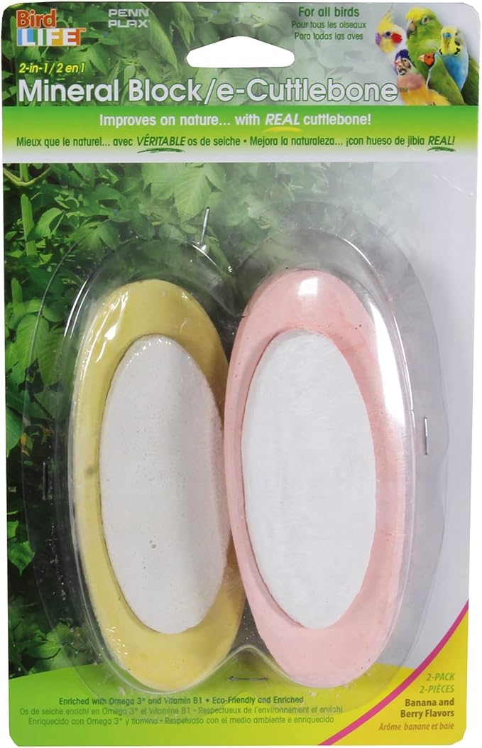 Penn-Plax Bird-Life 2-in-1 E-Cuttlebone & Mineral Block, 1 Pack (2 Counts) - Yellow Banana & Pink Berry Flavor - Enriched with Vitamins, Omega 3 & Honey - Easy Mounting - Great for All Bird Sizes