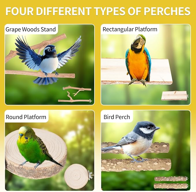 Bird Perch Stand, Pole Standing Natural Wood Bird Perch Set 7PCS Paw Grinding Fork Parrot Cage Branch with Rope Cage Accessories Toys for Parakeets, Cockatiels, Conure, Budgies (Brown 2)