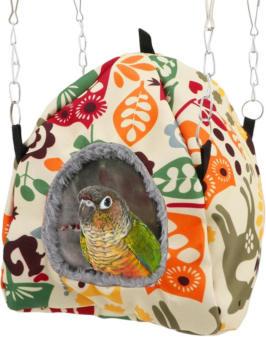 Bird Plush Hammock Parrot Hanging Snuggle Cave Happy Hut Tent for Parakeet Cockatiel Conure Lovebird Budgie Hamster Gerbil Rat Chinchilla Squirrel Cage (M, Beige Pattern)