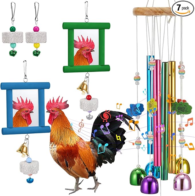 VioraWhite 7 Pcs Chicken Toys, Hanging Chicken Wind Chime, 2 Pcs Coop Mirror Toys with Bells 4 Pack Beak Grinding Stones, Musical Coop Accessories for Hen Rooster Chick Poultry Birds(Green, Blue)