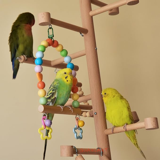 Bird Swing for Small Birds, Parakeets Cage Wooden Perch Birdcage Stands, Parrot Colorful Acrylic Beads Swings Toy with Bell Playground Gym Accessories Training Toys for Lovebirds Budgies