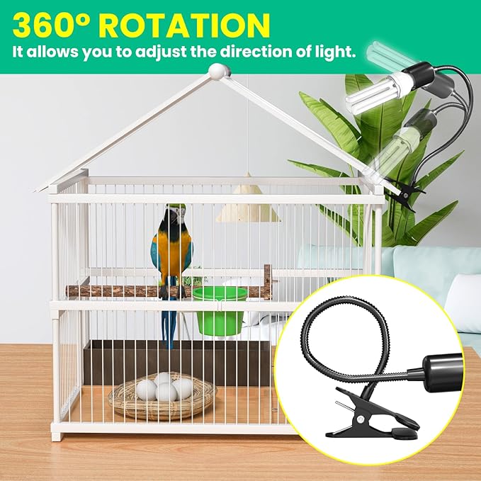 GlowUp Bird Light for Cage with Timer, Clip Lamp with UVB 2.4 Fluorescent Light Bulb E26, Bird Cage UVB Light Combo Kit 360°Rotatable for Captive Birds, Reptiles