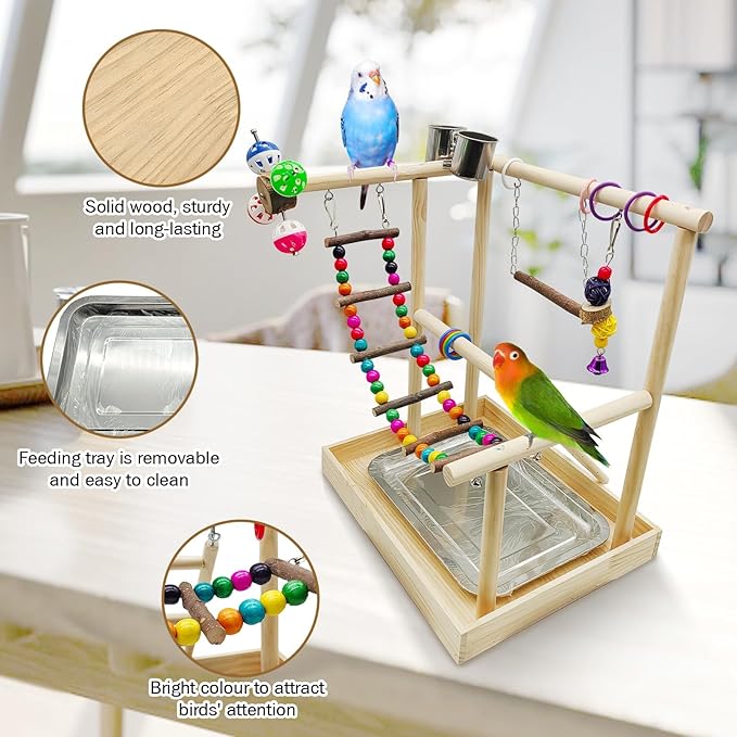 PINVNBY Bird Playground Parrot Playstand Play Gym Cockatiel Wood Bird Toys Birds Cage Accessories Playpen Ladder with Feeder Cups Hanging Swing Toys for Parakeet Conure Lovebird Cockatiel