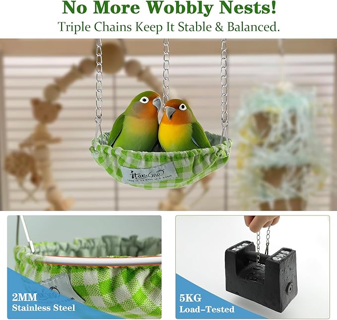 EIODEAR Waterproof Bird Bed with Adjustable Chain, Customizable Height Hanging Bird Hammock for Cage, Small Size Bird Nest with Durable Non-Collapsible Bottom, Bird Hut for Conures, Budgies (Green)