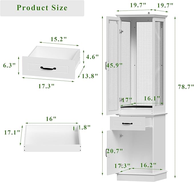 Modern White Tall Bird Cage with Storage Cabinet & Drawer, Elegant Flight Parrot Cage with Slide-Out Tray, Stylish Safe Bird Cages House for Parakeets, Cockatiels, Finches