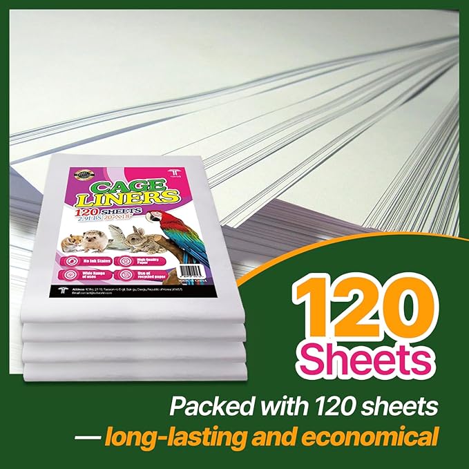 T TORTO9 Bird Cage Liner - 120 Paper Sheets, 20" x 18", 2.9 lb - Ideal for Pet Habitats, Bulk Pack for Long-Lasting Use, Newsprint Texture, Convenient Parcel Packaging