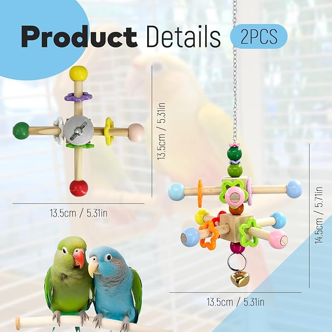 2 Pcs Parakeet Toys, Natural Wood Spinner with Bells, Hanging Cage Accessories for Small Moderate Birds to Relieve Boredom and Anxiety