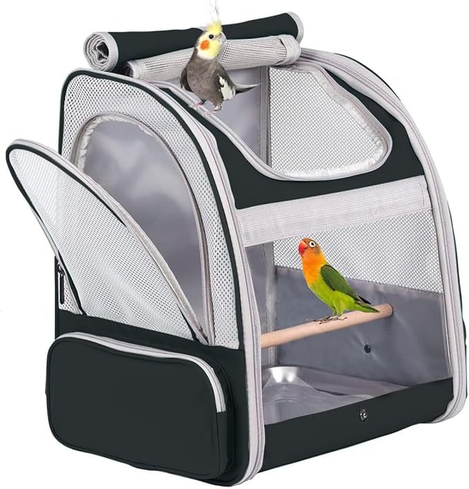Bird Backpack Carrier with Stand Perch, Bird Travel Backpack for Hiking, Airline Approved Black Bird Backpack
