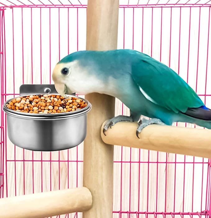 3 Pack Bird Feeding Bowls Cups Parrot Food Water Dishes, Stainless Steel Bird Bowl Cup Dish with Clamp, Birdcage Feeder Pet Cage Bowls for Cockatiel Budgie Conure Macaw Parakeet Small Animal