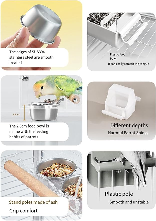 Bird feederDouble Removable Cups - Splash Protection and Natural Wood - cage Safety Hook Design - Splash Proof and Easy to Clean - Small/Medium Birds