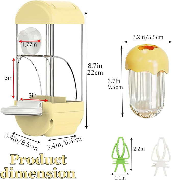 Automatic Bird Cage Feeder No Mess Bird Feeding Station Parrot Vegetable Holder Fruit Clips for Parakeet Cockatoo Canary Lovebirds Budgie (Yellow)