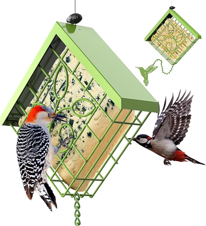 FlowaFoli Suet Bird Feeder for Outside, Metal Suet Feeder for Outside Hanging, Single Suet Cake Capacity, Fruit and Suet Feeder Style for Outside Hanging(Green)