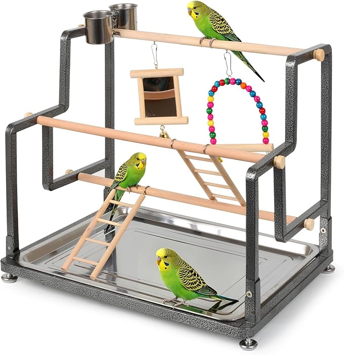 halinfer Bird Playground for Indoor Use, Table Collapsible Bird Playstand for Top of Cage, Mirrow Swing Cups 2 Ladders for Small to Medium Size of Cockatiel Parakeet Conure (Wood Ladder)