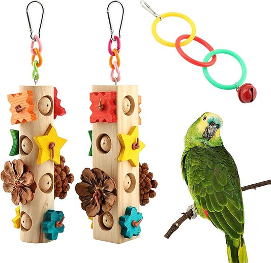 Natural Wood Parrot Chew Toys, 3 Pack Hanging Bird Foraging Toy with Wooden Blocks, Pine Cones & Climbing Rings, Bird Cage Accessories for Parakeet, Cockatiel, Macaw, African Grey Parrot