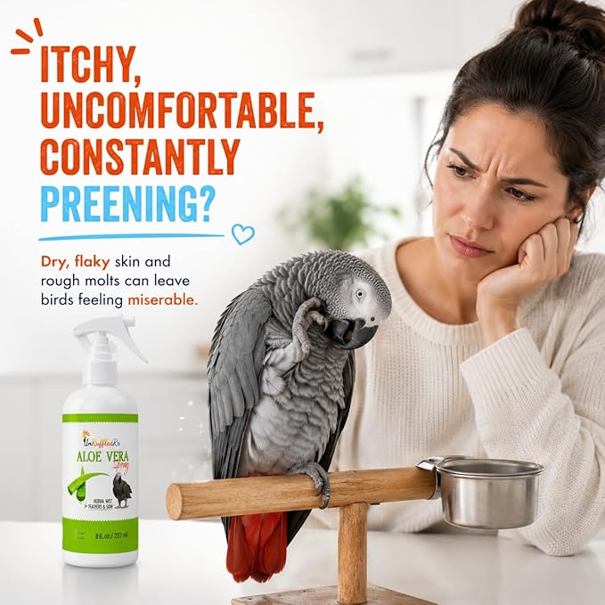 UnRuffledRx Aloe Vera Bird Spray for Parrots 2-Pack | Gentle Daily Support for Itchy Skin, Scratching, Dry Feathers & Feather Comfort | Fragrance Free & Safe if Preened | 8 oz Bottles