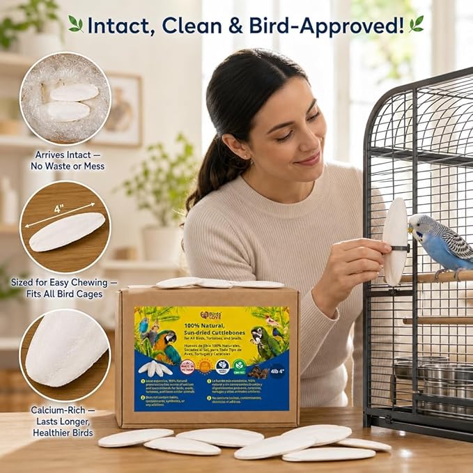 Birds LOVE 3.5-4″ Cuttlebones for Birds – 100% Natural Sun-Dried Calcium Carbonate Mineral Supplement – for Parakeets, Budgies, Cockatiels, Finches & Canaries – 4 lb with Holder – Made in Vietnam
