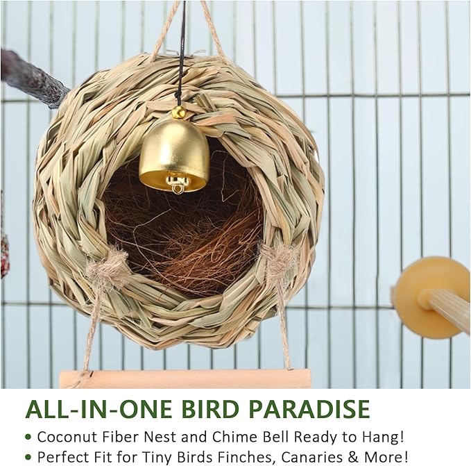 Briwooody Hanging Bird Nest for Cage with Ladder Bell Natural Coir Fiber, Grass Hand Woven Hummingbird Finch House for Outside Breeding Nest Parakeet Bed for Budgie Canary Parrot Patio Lawn Garden