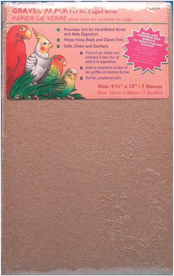 Penn-Plax Bird Life Gravel Paper - 7 Sheets, Bird Cage Liner with Crushed Seashells - Helps Maintain Beak and Claw Health, Provides Safe and Easy Cage Care, 9.5 x 15 Inches