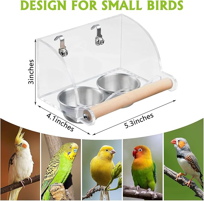 BNOSDM Bird Feeder for Cage with Double Stainless Steel Food & Water Bowls Anti-Slip Wood Perch Stand with No Mess Acrylic Seed Catcher for Parrot, Budgie, Parakeet, Lovebird, Canary, Finch (Hook)