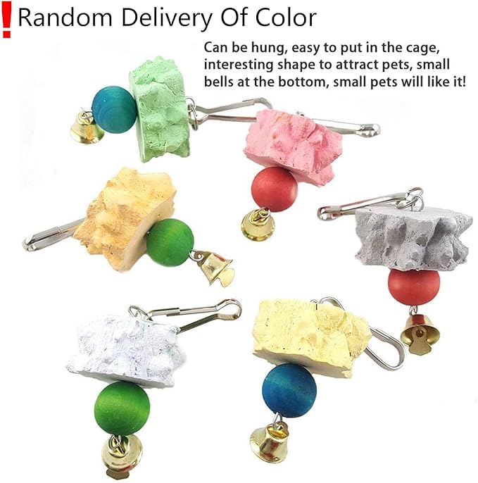 6PCS Bird Grinding Beak Calcium Stone with Bell Rat Mineral Lava Block Trimming Teeth Chewing Toys for Chinchilla Bunny Budgie Cockatiel Parakeet Parrot(Random Delivery of Color)