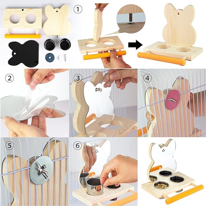 Parrot Mirror Toy with Stainless Steel Feeding Cups Bird Wooden Frames with Cage Perch for Small Parakeets, Cockatiels, Conures, Finches,Budgie,Macaws, Parrots, Love Birds