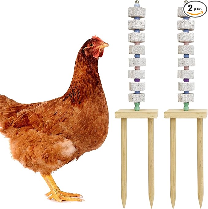 Hamiledyi Chicken Chewing Toy 2 Pack Chicken Coop Accessories with Calcium Stone & Wood Stake Enrichment Toys for Hens, Ducks, Geese, Cockatiel, Parakeet, Parrot, Budgie