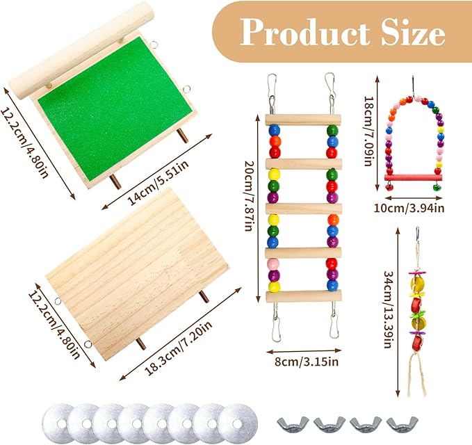 5 Pack Bird Cage Accessories, Multicolor Wooden Enrichment Playground with Swing Perch, Bridge, Chew Toys, Bird Supplies for Budgies, Cockatiels, Lovebirds, Small to Medium Birds