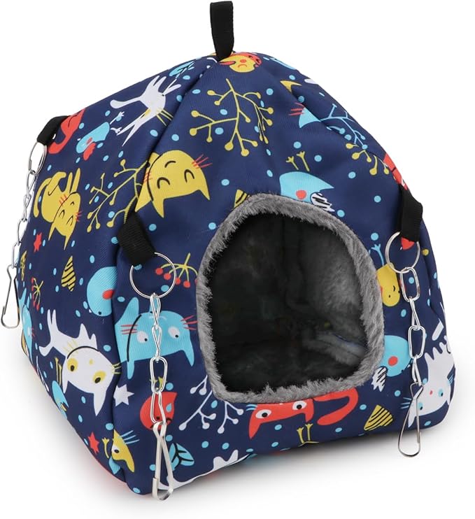 Wontee Bird Plush Hammock Parrot Hanging Snuggle Cave Happy Hut Tent for Parakeet Cockatiel Conure Lovebird Budgie Hamster Gerbil Rat Chinchilla Squirrel Cage (M, Blue Cat)