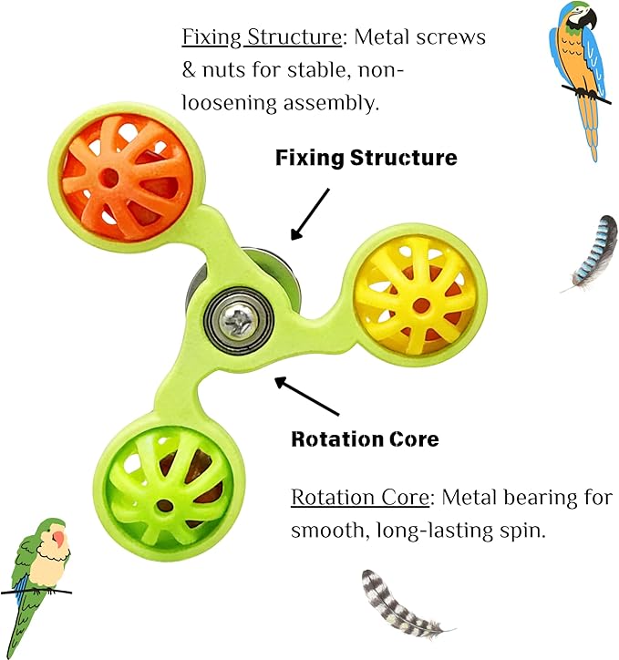 Spinning Bird-Toys Bird Cage Toys & Bird Perch Parrot-Parakeet Budgie Cockatiel Conure Macaw Chicken Parrot Enrichment Cage Accessories Small Animal Chewing Toy (Green Spinner Bell)
