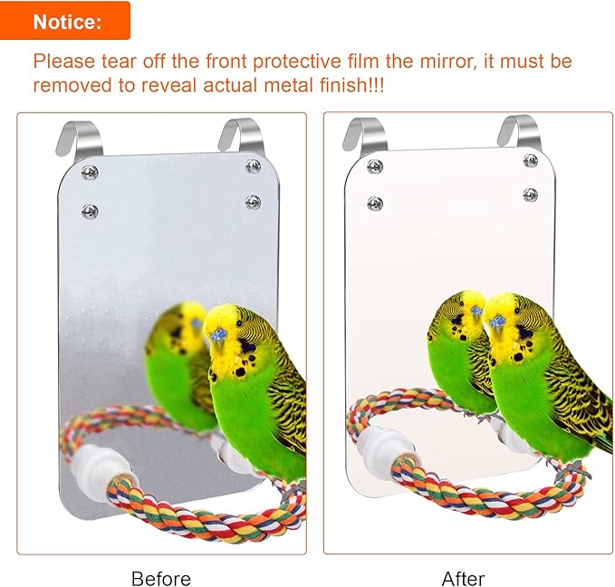7‘’ Bird Mirror for Cage, Coolrunner Bird Parrot Mirror with Rope for Cockatiel Conures, Lovebirds, Parrot, Canaries, and Budgies