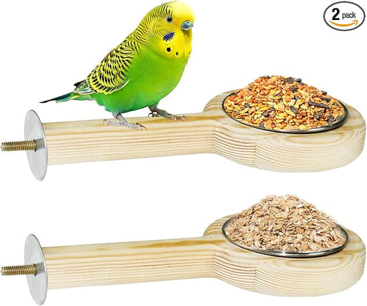 ASOCEA 2 Pack Bird Perch Feeding Cup, Bowls for Cage Wooden Perch Stand Hanging Bowls for Bird Cage Accessory Parrot Wood Perch Stand Toy for Parakeet Lovebird Cockatiel Budgie