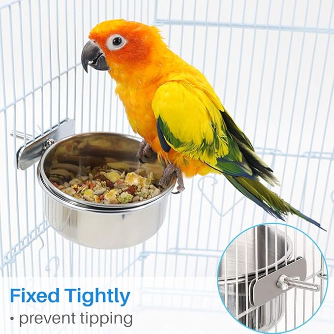 2pcs Parrot Food Bowl Bird Feeding Coop Cups Stainless Steel Water Dish Hanging Feeder for Conure Budgies Macaw Rabbit (A Set)
