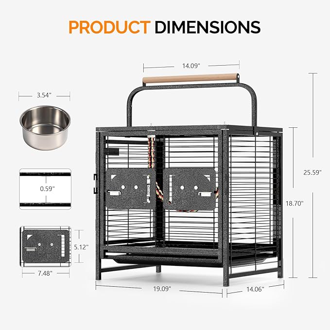 VINGLI Small Bird Cage, 25 inch Travel Carrier Bird Cage with Handle, Wrought Iron Parakeet Cage with Wooden Perch for Parrot Lovebirds Finches Small/Medium Birds (Hammertone Black)