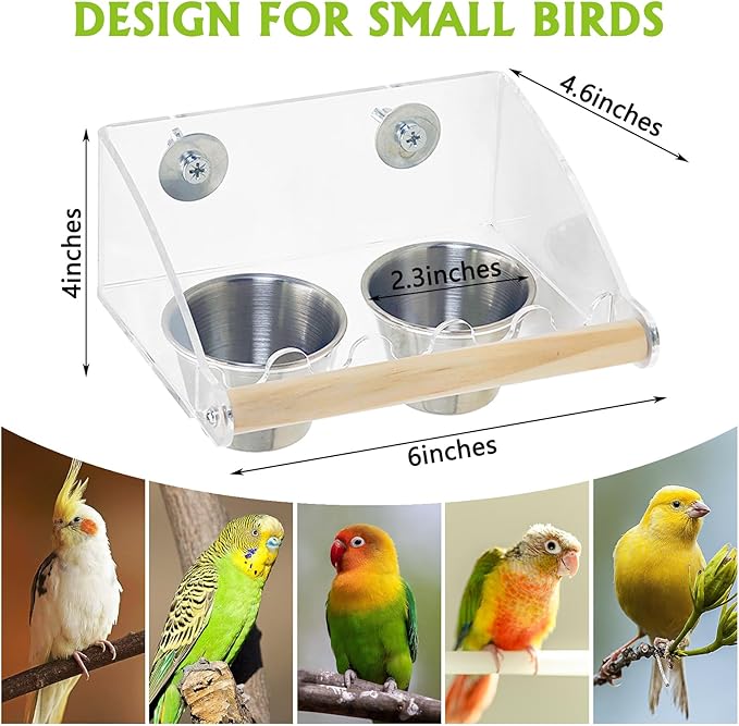 BNOSDM Bird Feeder for Cage with Double Stainless Steel Food & Water Bowls Anti-Slip Wood Perch Stand with No Mess Acrylic Seed Catcher for Parrot, Budgie, Parakeet, Lovebird, Canary, Finch,Conure