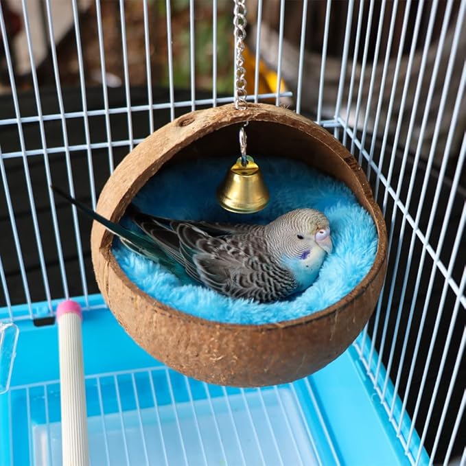 2 Pcs Natural Coconut Shell Bird Nest House Bed Breeding Nesting Anti-Pecking Bite with Warm Pad and Bell for Bird Parrot Budgie Parakeet Cockatiel Conure Lovebird Canary Finch