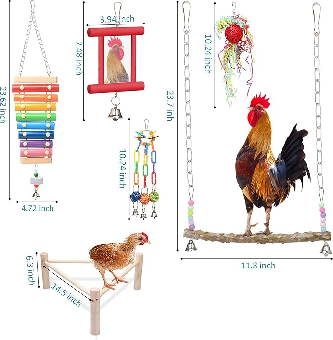 14PCS Chicken Toys for Coop Accessories - Longer Chain Chicken Swing, Chicken Toy for Hens in Coop, Chicken Perch Mirror Toy with Bells, Add Fun Toys for Chickens
