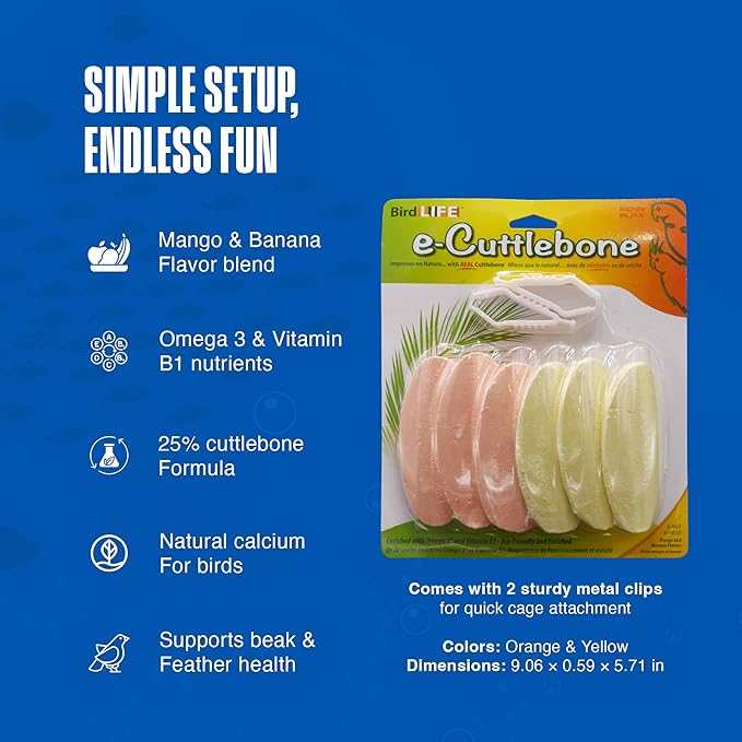 Penn-Plax Bird-Life E-Cuttlebone Flavored, 1 Pk (6 Counts) - Mango & Banana - Durable, Less Brittle Cuttlebones Enriched with Omega 3 and Vitamin B1 - 2 Cage Clips -For All Bird Sizes -Orange & Yellow