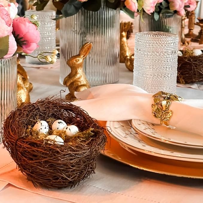 Artificial Birds Nest, 4PCS Crafts Handmade Natural Easter Birds Nest Rattan Birds Nest for Garden Yard Home Party Easter Decor Contains 12 Artificial Bird Eggs&4 Packs of Moss