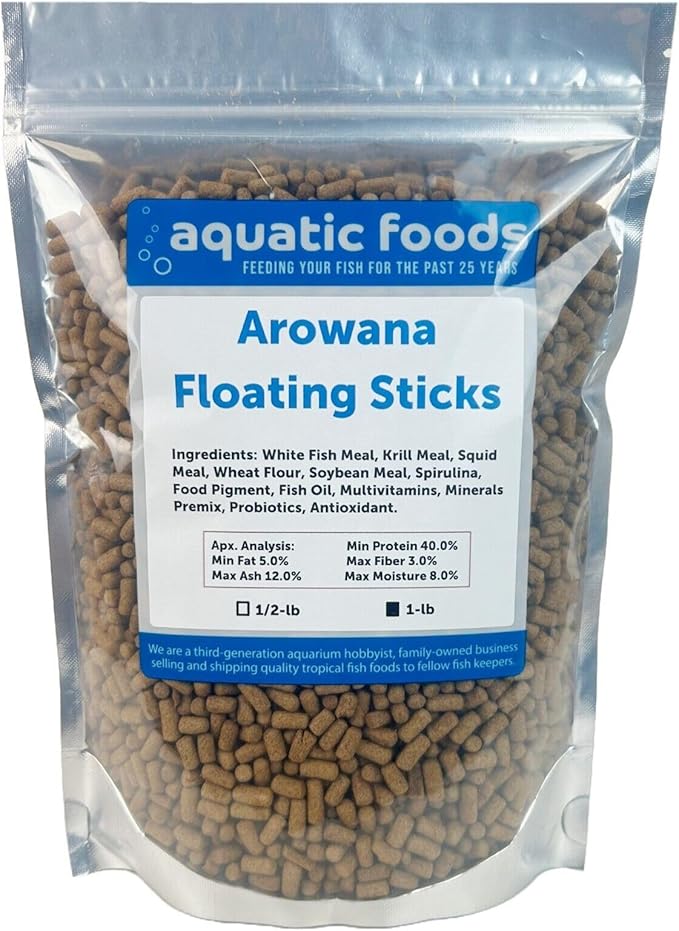 Arowana 3/16" x 3/8" 40% Protein Floating Sticks for Arowana, Oscars, Flower Horns, Red Parrots All Central and South American Cichlids...WL…1-lb Foil Pouch Bag