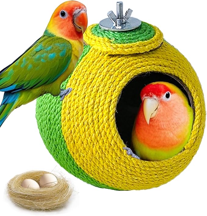 Bird Nest,Parrot Breeding House,Parakeet Natural Coconut Shell Hut,Hanging Budgie Nesting House with Coconut Fiber,Cockatiel Bed for Conure Lovebird Finch Birds,Green&Yellow