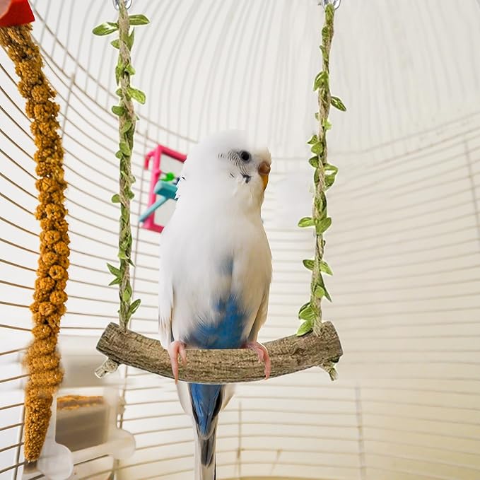 Natural Wood Bird Swing Perch with Decorative Leaves - 7.1" Durable Bird Stand Platform Toy for Cage, Hanging Budgie Parakeet Hammock Accessories for Lovebirds, Cockatiels, Conures, Finches