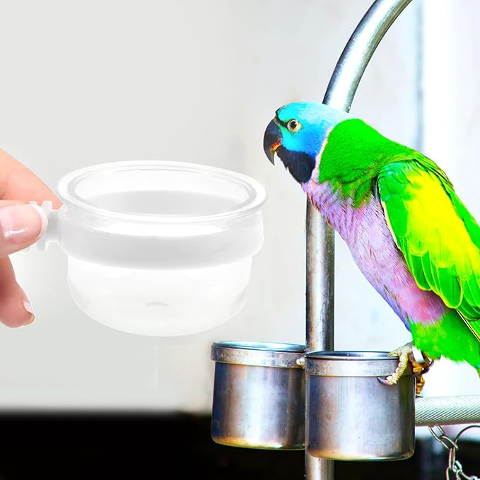 Kisangel Parrot Feeder Dish Cup Detachable Transparent Bowls Plastic Bird Food Bowl for Hanging Parrot Water Feeder