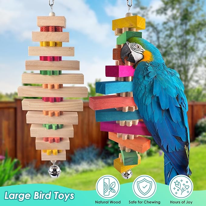 DBNESS 16.54in Extra Large Bird Toys for Parrot, 2 Pcs Colorful Natural Wood Block Chew Tearing Toy with Bell for Macaws, African Greys, Amazon Parrots, Eclectus, Cockatoo