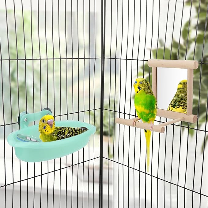 Wontee Bird Bath Parrot Bathing Tub Bird Mirror with Perch Toys for Budgies Parakeets Cockatiels Lovebirds Finches Canaries