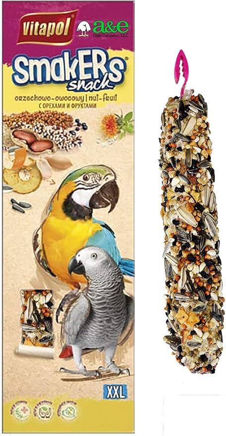 Vitapol Smakers by A&E Cage Co XXL Nut Treat Sticks for Parrots – Twin Pack Large Bird Treat Sticks – Energy-Rich Hanging Snack with Real Nuts for Macaws, Cockatoos, African Greys & Large Parrots