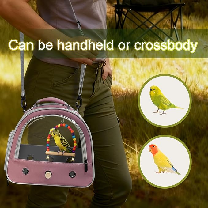 Portable Parrot Travel Cage Carrier with Small Swing Toy&Cage Colorful Toys Set Small Bird Parakeet Bag with Standing Perch Bird Carry Transport Bag (Pink, Carrier/Swing)