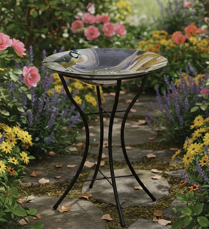 Regal Art & Gift 23" Bird Bath with Stand - Durable Glass Bowl with Heavy-Duty Metal Stand, Easy to Fill, Ideal for Patio, Porch & Garden Décor - Swirl Black