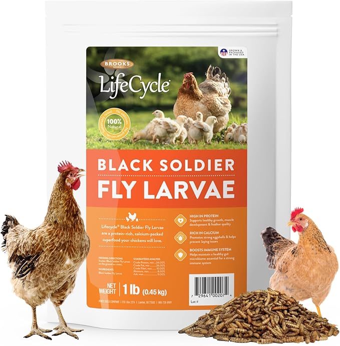 Brooks Brand Black Soldier Fly Larvae Chicken Treats, Mealworms Alternative, Grubs for Chickens, High Calcium for Laying Hens, Made in USA, 1 lbs