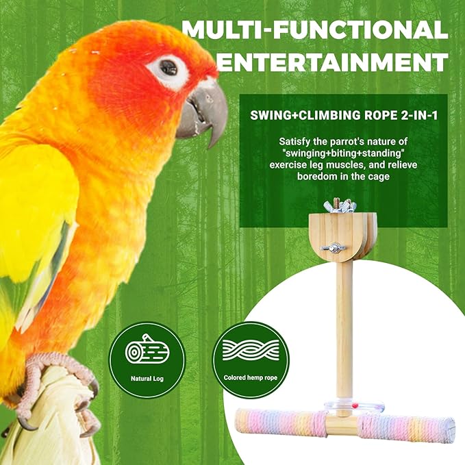 Bird Stand Perch Toy,Interactive Rocking Parakeet Toy and Perch, Wooden Exercise Wheel Cockatiel Toy, Intelligence Puzzle Enrichment Toys,Bird Playground Play Stands for Conure Budgie(swing)